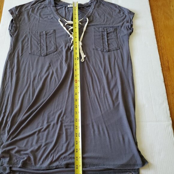 POL Long Tunic V- Neck Charcoal Gray Rayon Spandex Blend Short Sleeve Medium - Picture 10 of 13